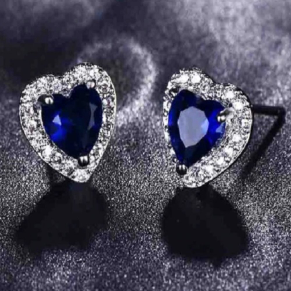 Blue Sapphire Heart Stud Earrings